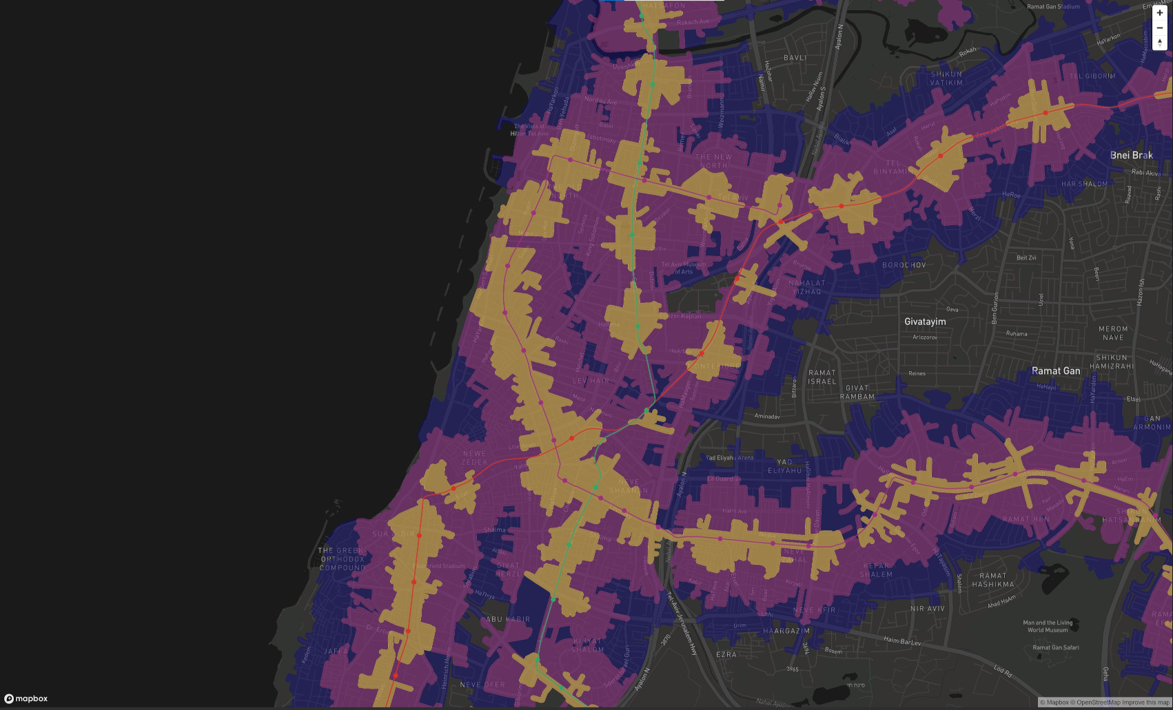 מפת הכיסוי במרכז תל אביב - כיסוי כמעט מלא במרחק 10 דקות